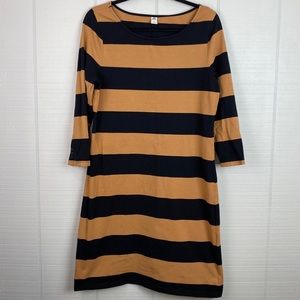 Old Navy Black & Tan Striped Straight Stretchy Dress 3/4 Button Sleeves Size L